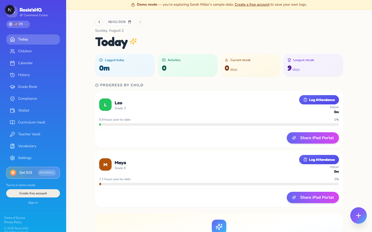 Rosie'sHQ dashboard — Today view with kid progress, streaks, and Share Child Portal buttons
